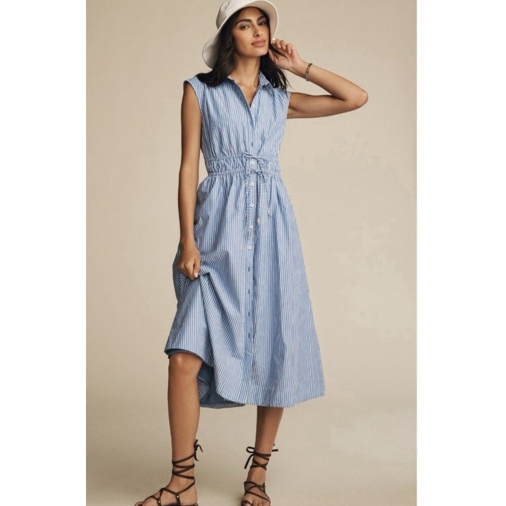 Anthropologie Maeve Sleeveless Buttondown  Stripe Shirt Dress Cotton Blue Large